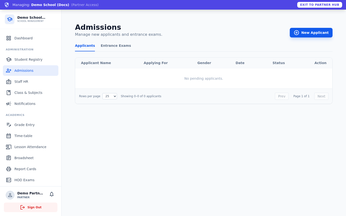 The Admissions page, Applicants tab.