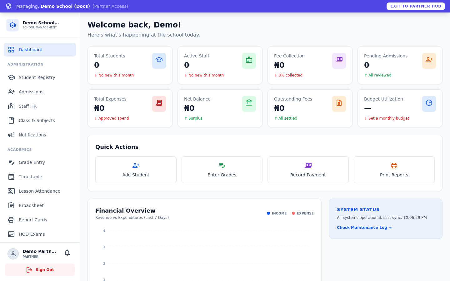 The school dashboard after signing in.
